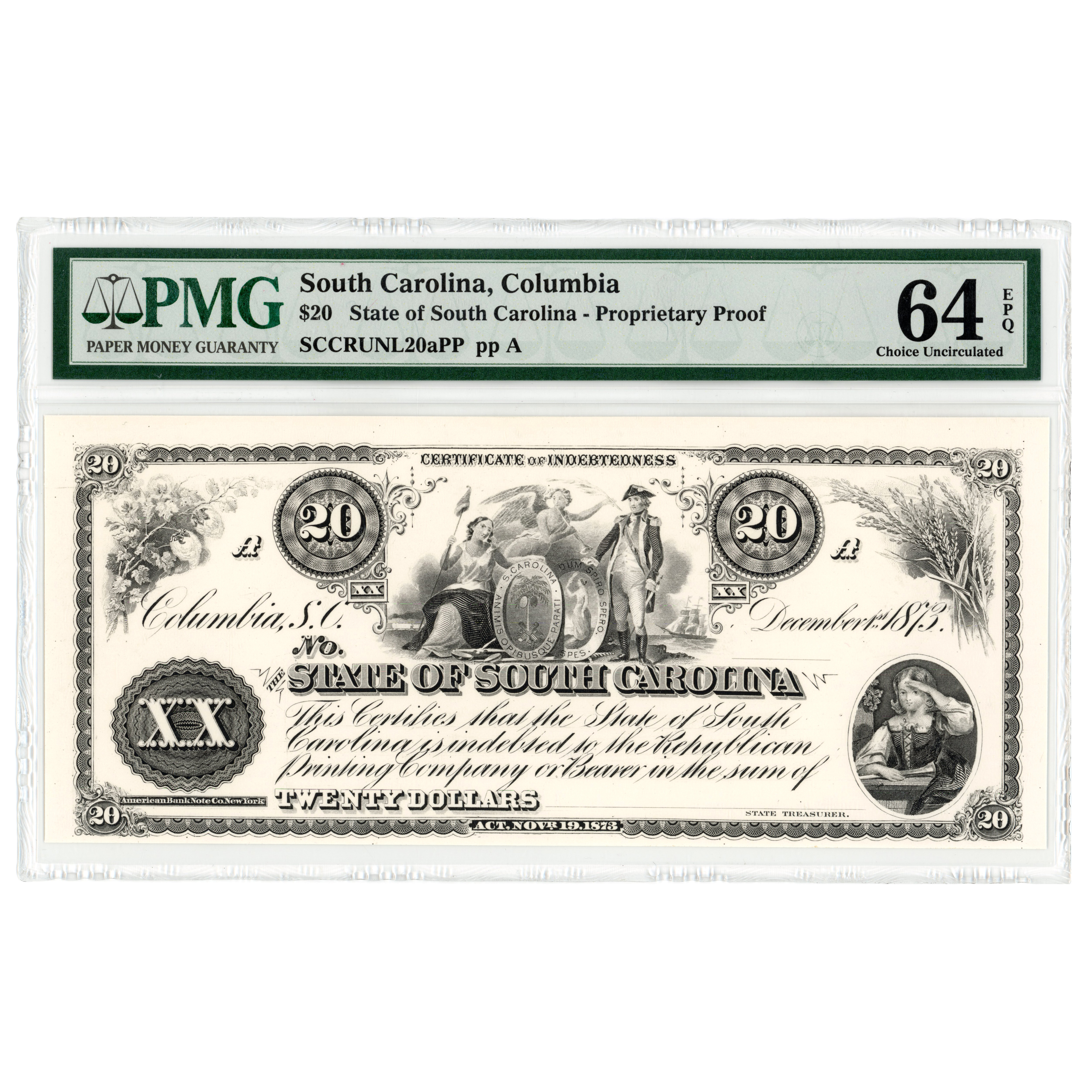 USA - 20 dollars - Columbia - Epreuve - 1873 avers