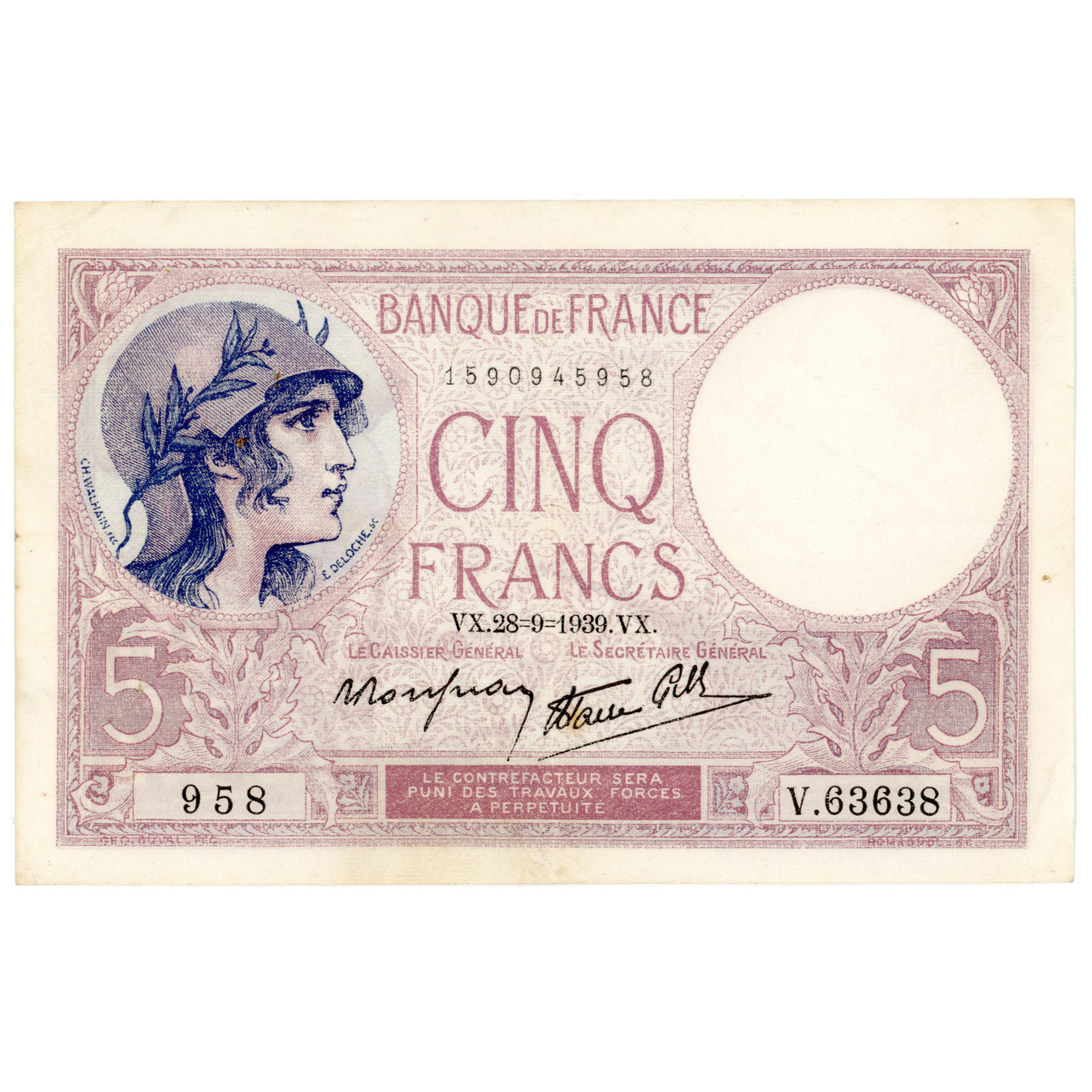 France - 5 Francs Femme Casquée - 1939 avers