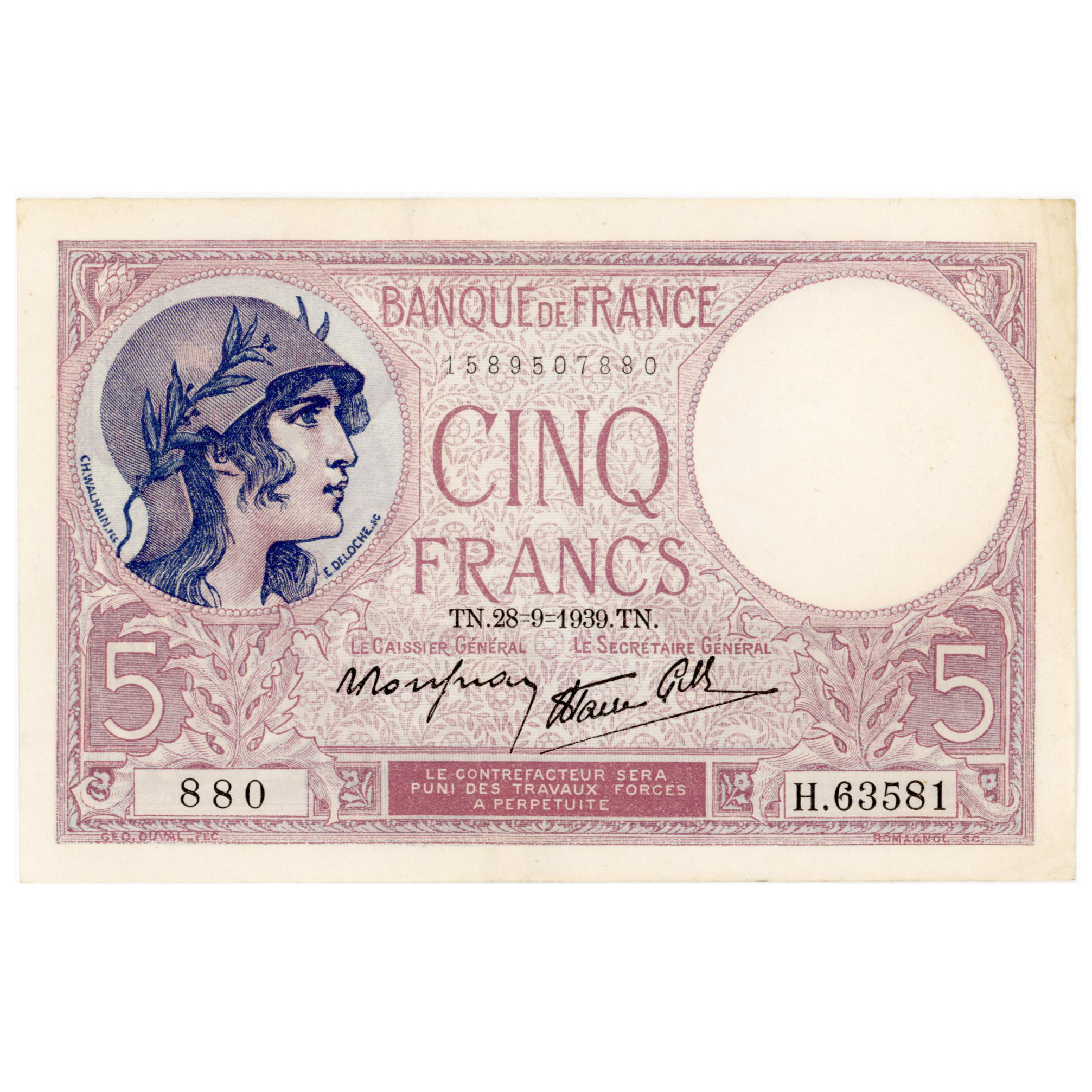 France - 5 Francs Femme Casquée - 1939 avers