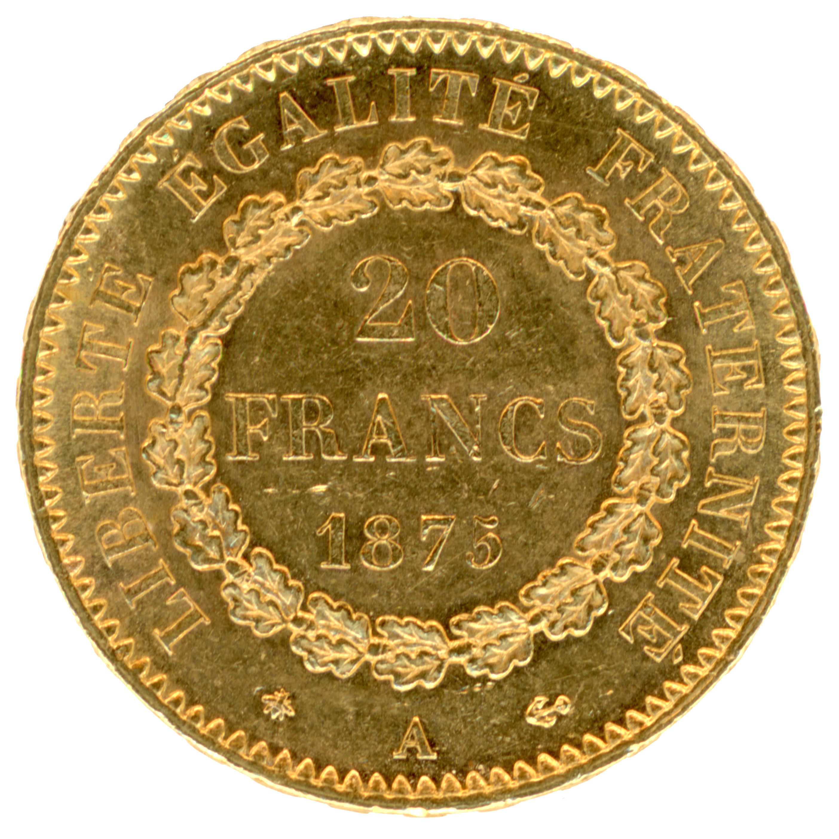 20 Francs - Génie - 1875 Paris revers